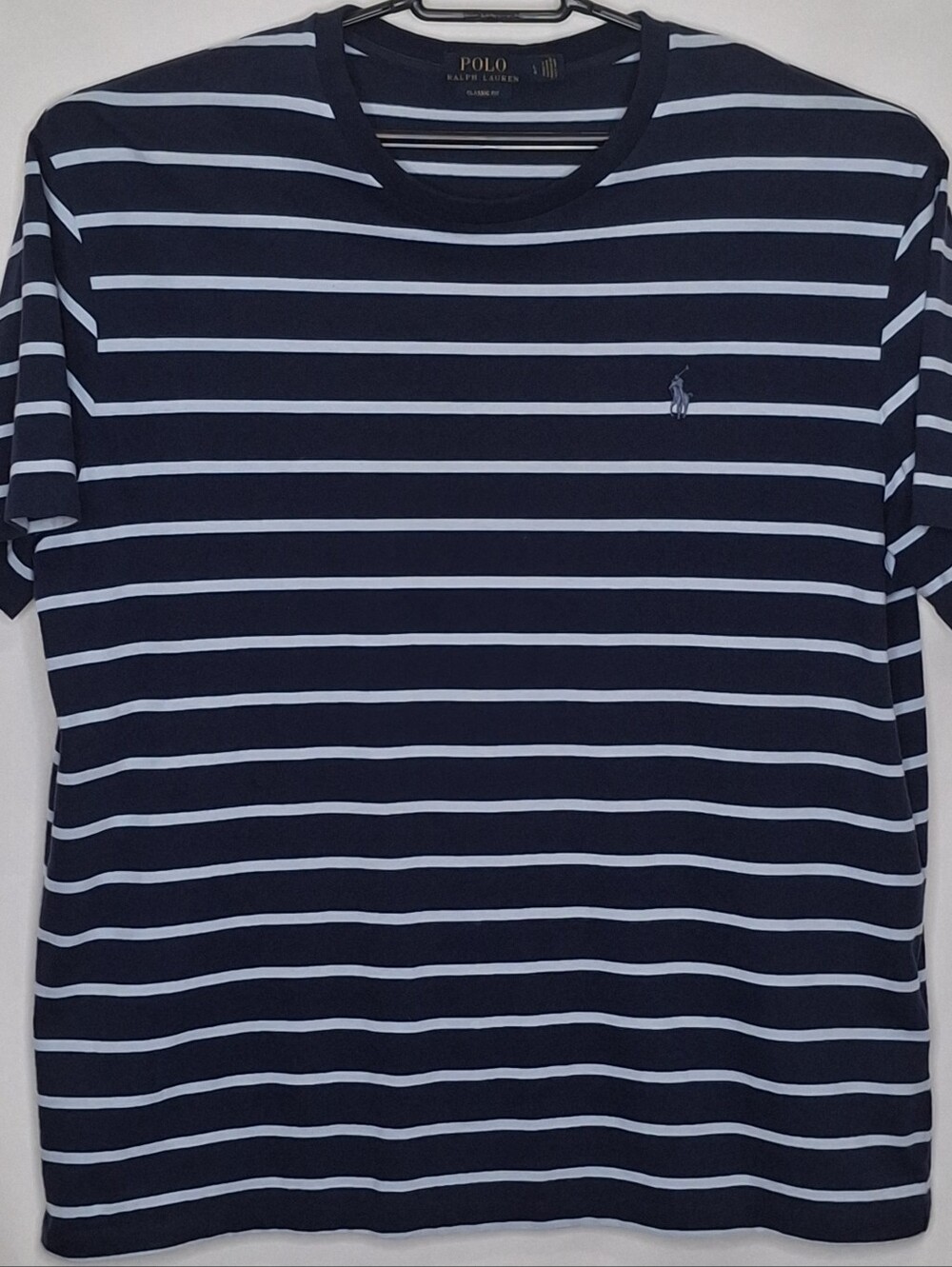 Ralph Lauren Navy and Light Blue Striped Classic Fit Tee Large